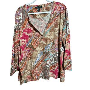 Lauren Ralph Lauren Top Women 3X Multicolor Boho Paisley Print Split Neck Blouse